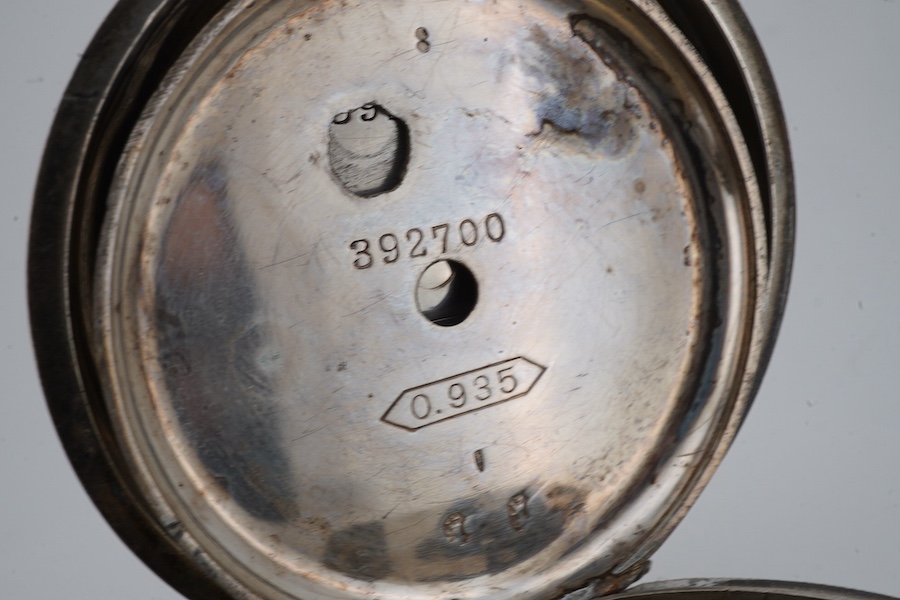 A late 19th century Swiss 935 standard white metal open faced 'The Midland Lever' key wind pocket watch, retailed by J.G. Graves, Sheffield, with Roman dial and subsidiary seconds, case diameter 52mm, together with a sil